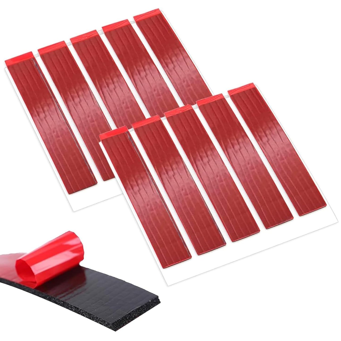 Red adhesive strips with a roll of red tape on a white background