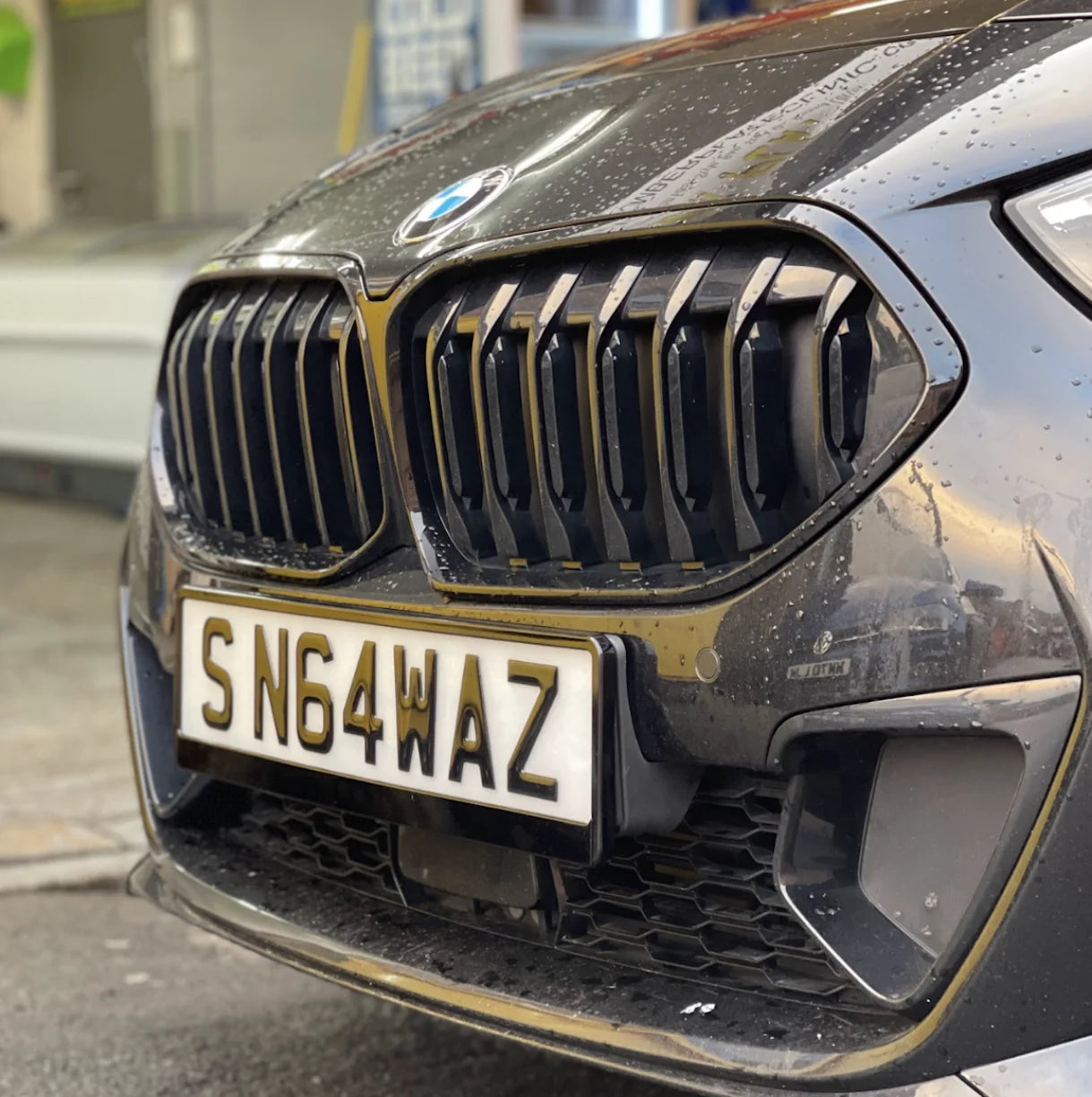 Close-up of a BMW car's front grille with a visible license plate.