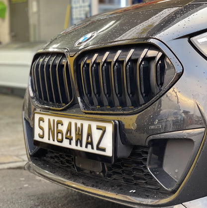Close-up of a BMW car's front grille with a visible license plate.