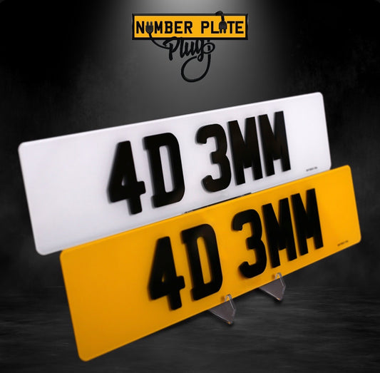 Two license plates with '4D 3MM' text on a dark background, featuring the 'Number Plate Plug' brand.