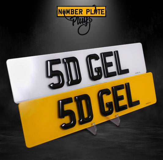 Two license plates with '5D GEL' text on a dark background, featuring the brand 'Number Plate Plugz'.