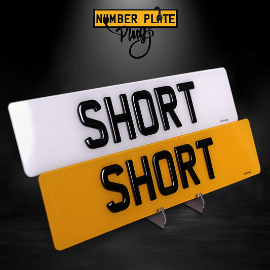Two license plates with 'SHORT' text on a dark background, featuring the brand 'Number Plate Play'.