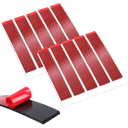 Red adhesive strips with a roll of red tape on a white background