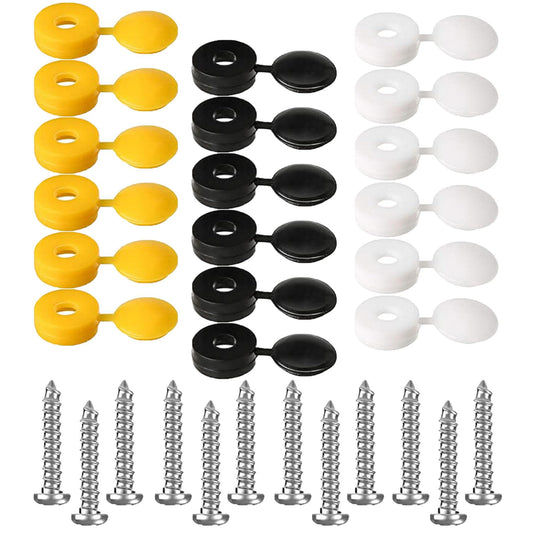 Set of yellow, black, and white rubber grommets with screws on a white background