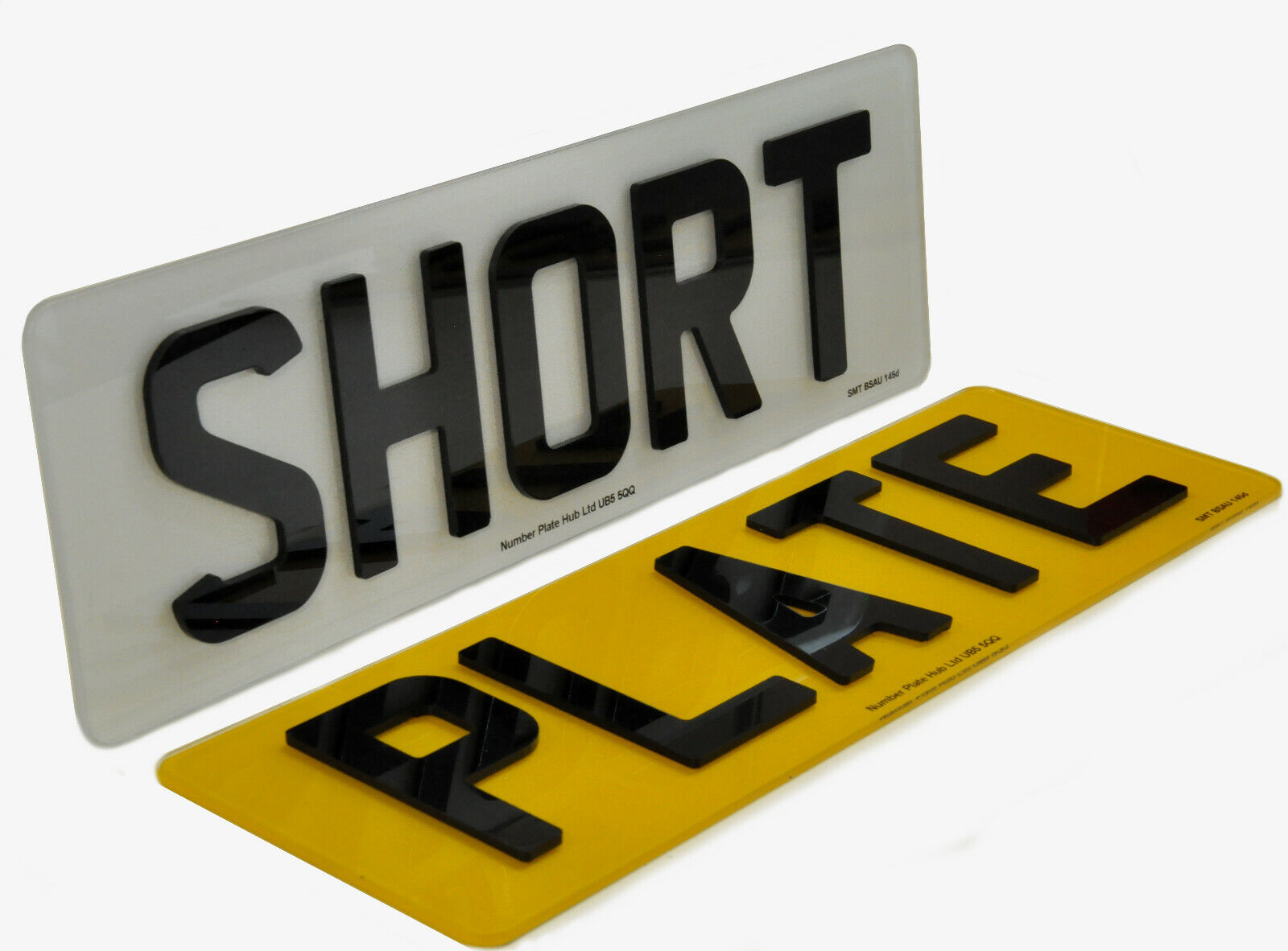 Two license plates with 'SHORT PLATE' text on a white background
